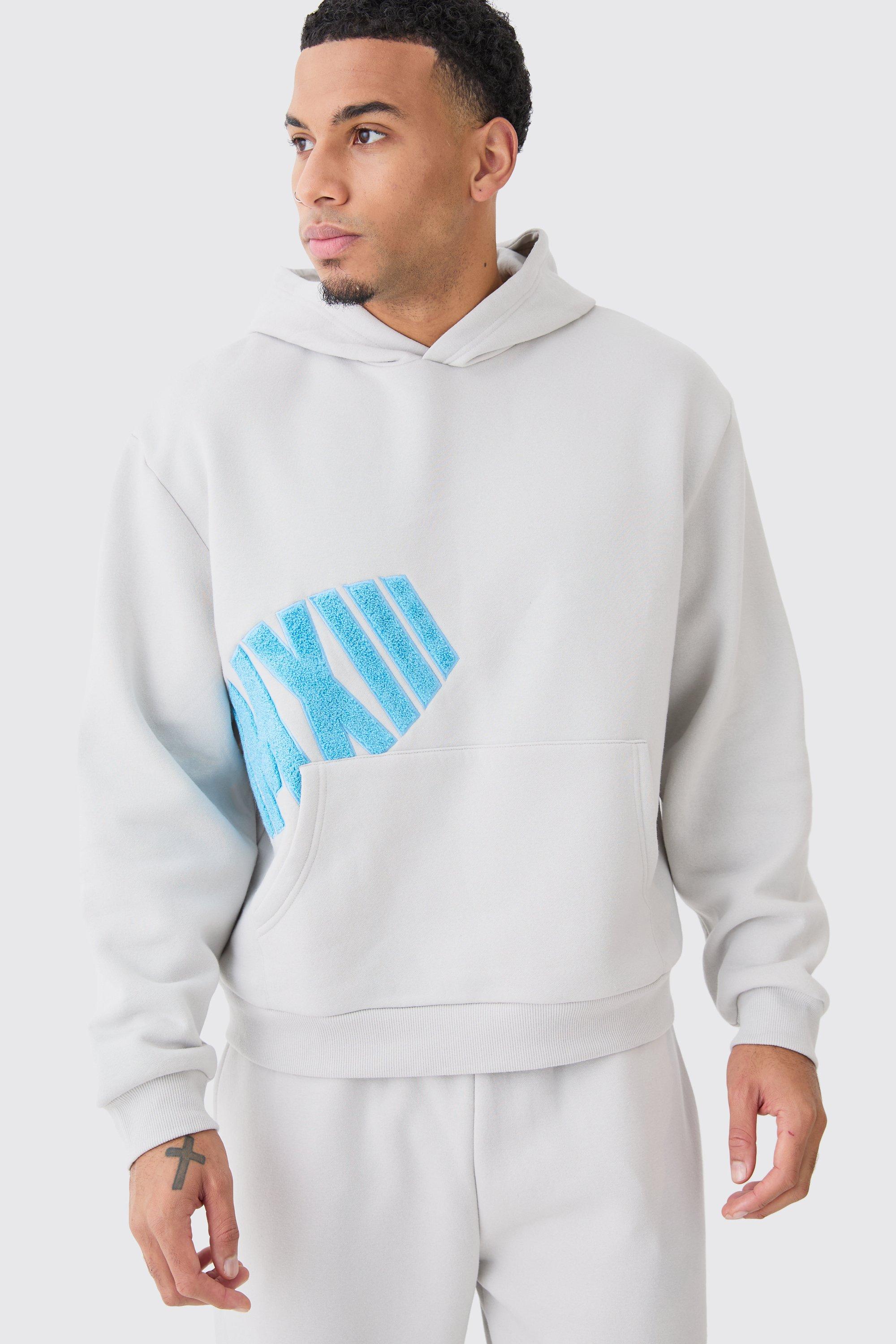 Mens Grey Oversized Boxy Borg Applique Hoodie, Grey